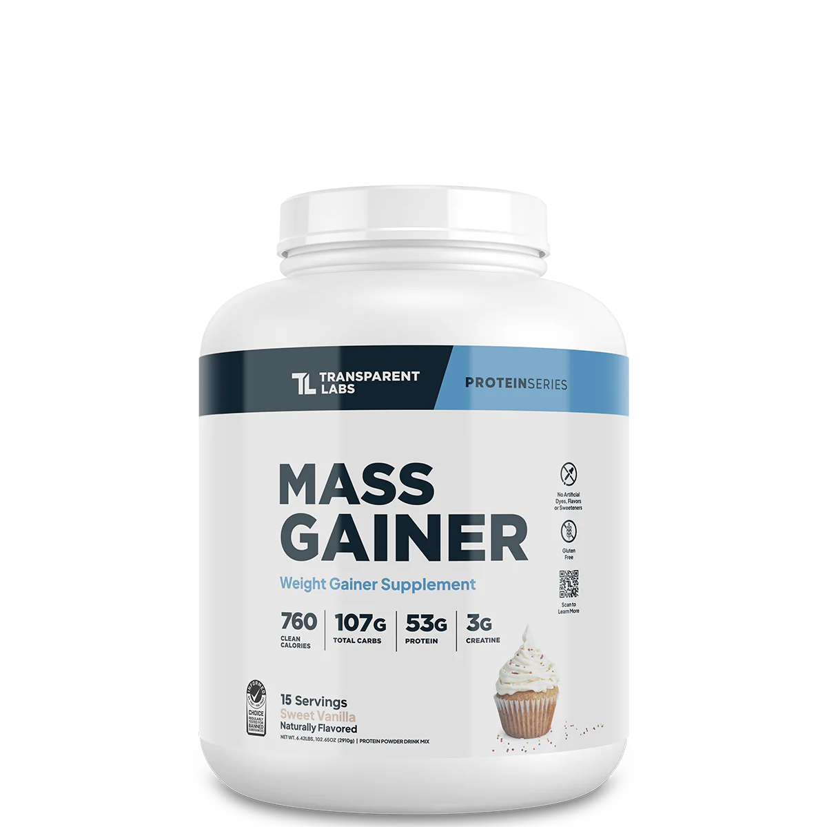 A container of Transparent Labs Mass Gainer powder in white color with product details and branding visible.