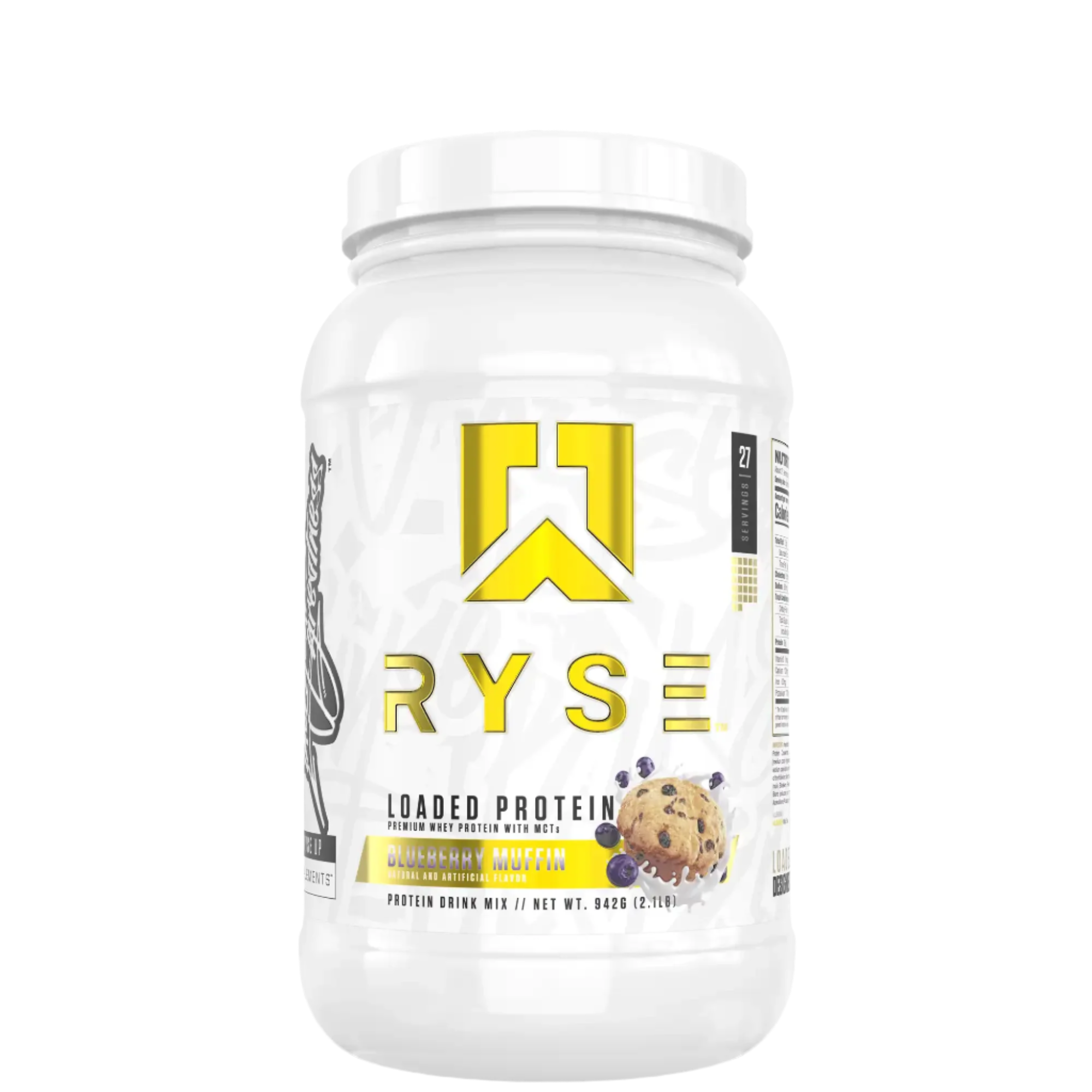 A container of Ryse Loaded Protein powder with a pink label featuring an image of a strawberry, indicating a possible flavor.