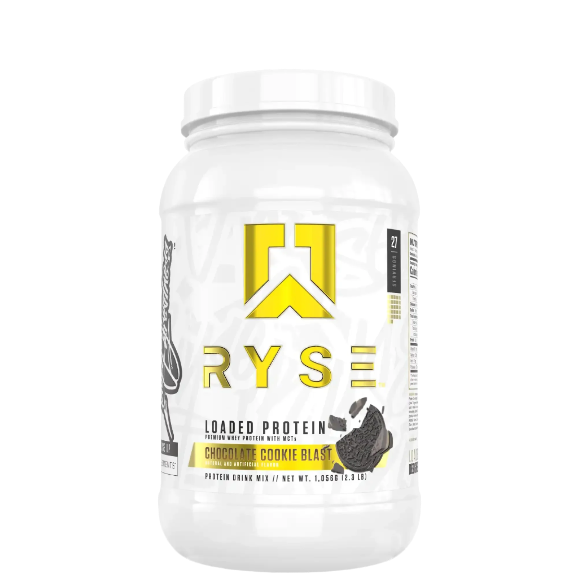 A container of Ryse Loaded Protein powder with a pink label featuring an image of a strawberry, indicating a possible flavor.