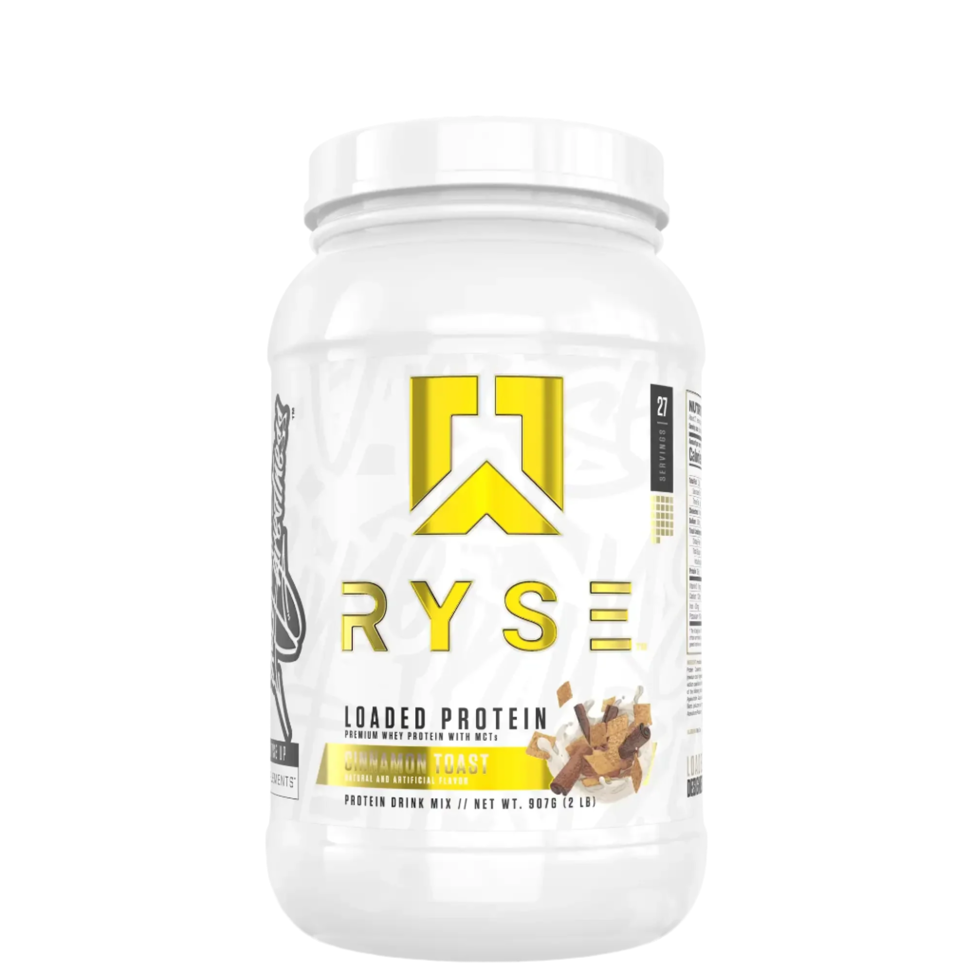 A container of Ryse Loaded Protein powder with a pink label featuring an image of a strawberry, indicating a possible flavor.