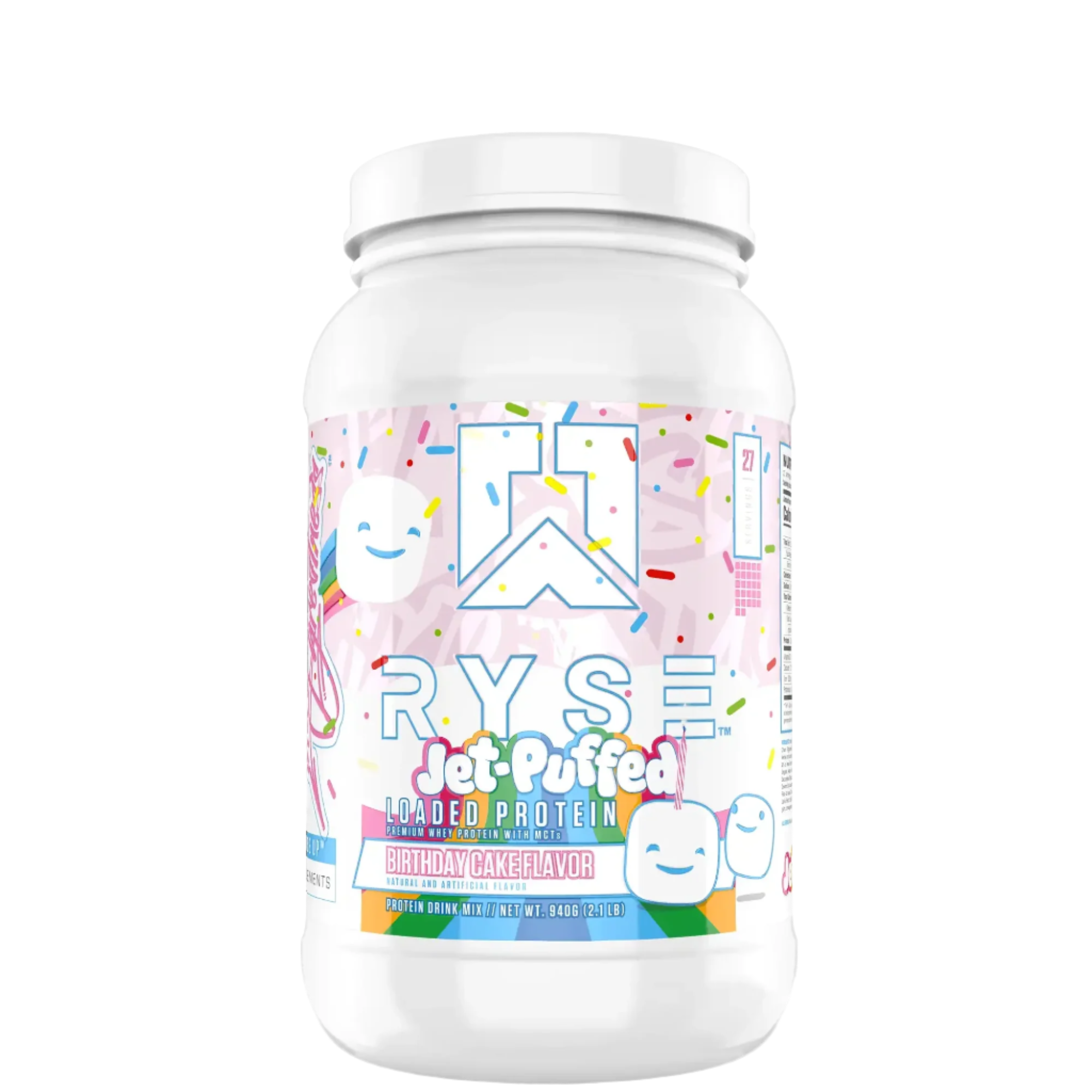 A container of Ryse Loaded Protein powder with a pink label featuring an image of a strawberry, indicating a possible flavor.