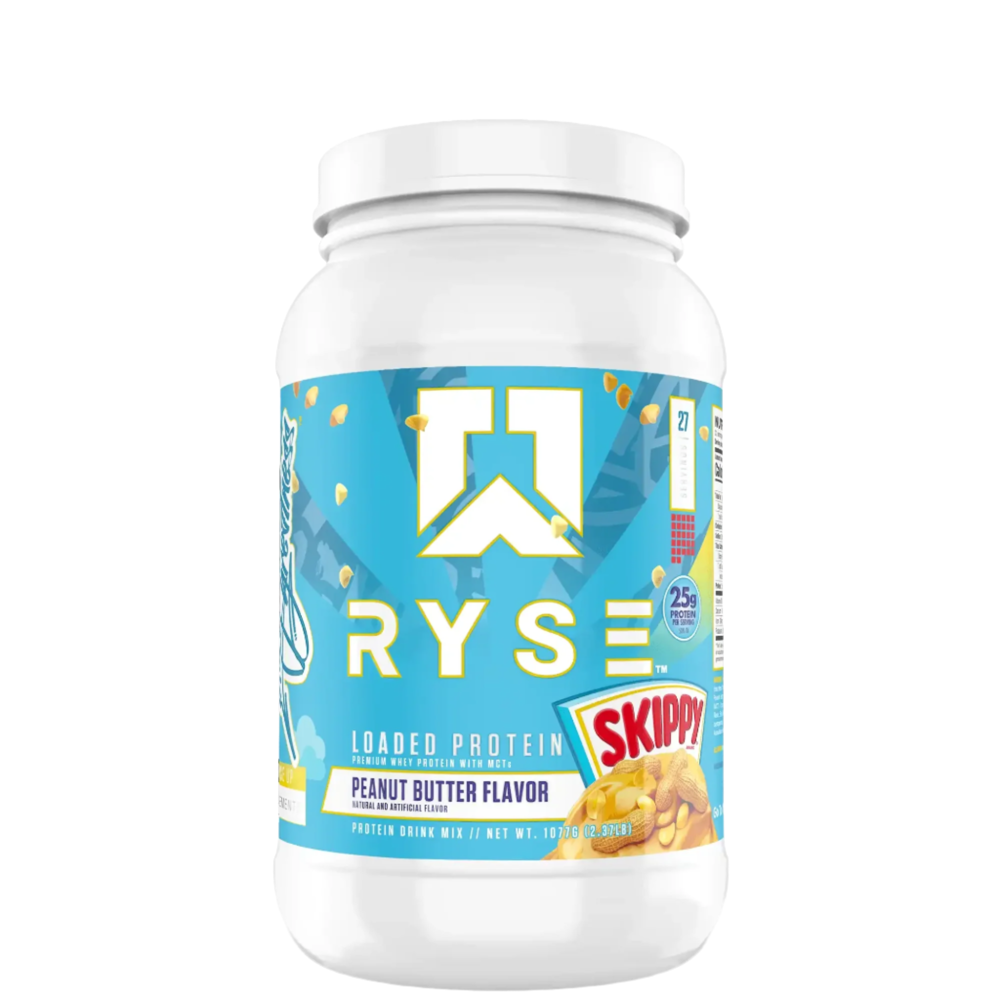 A container of Ryse Loaded Protein powder with a pink label featuring an image of a strawberry, indicating a possible flavor.