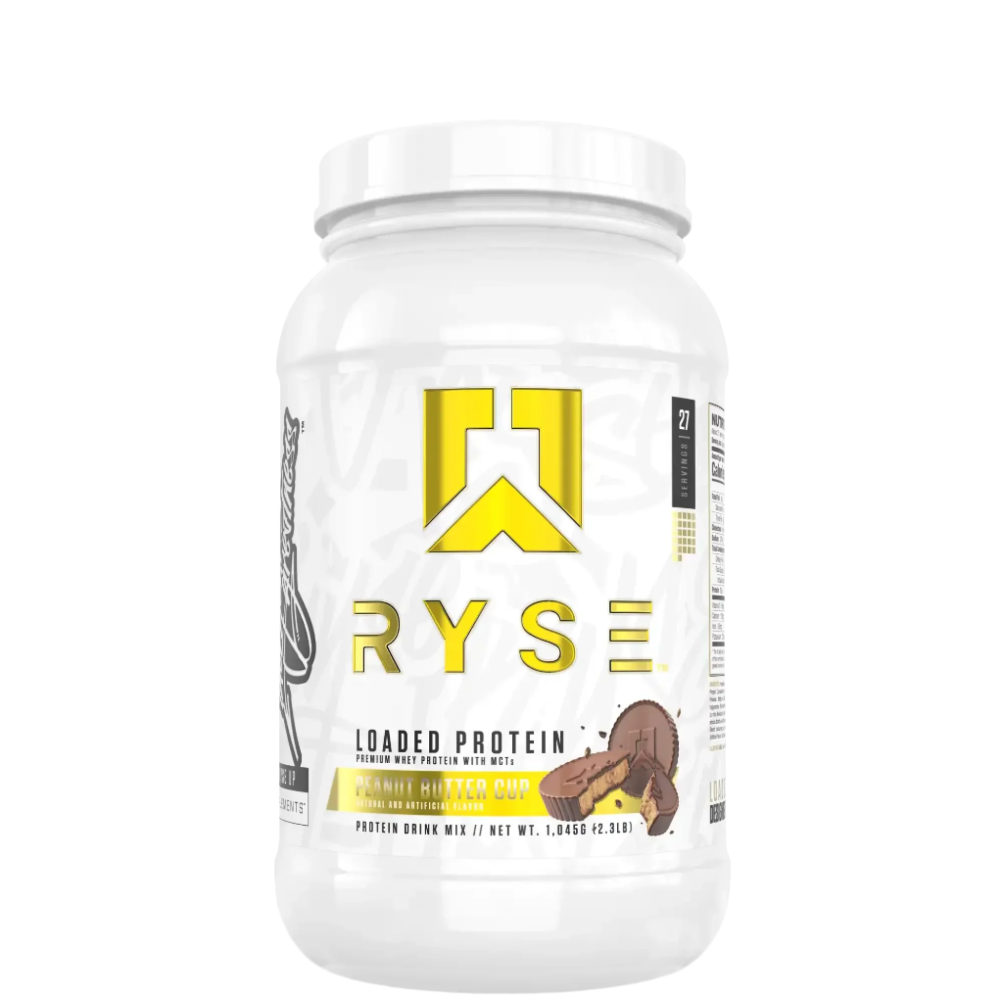 A container of Ryse Loaded Protein powder with a pink label featuring an image of a strawberry, indicating a possible flavor.