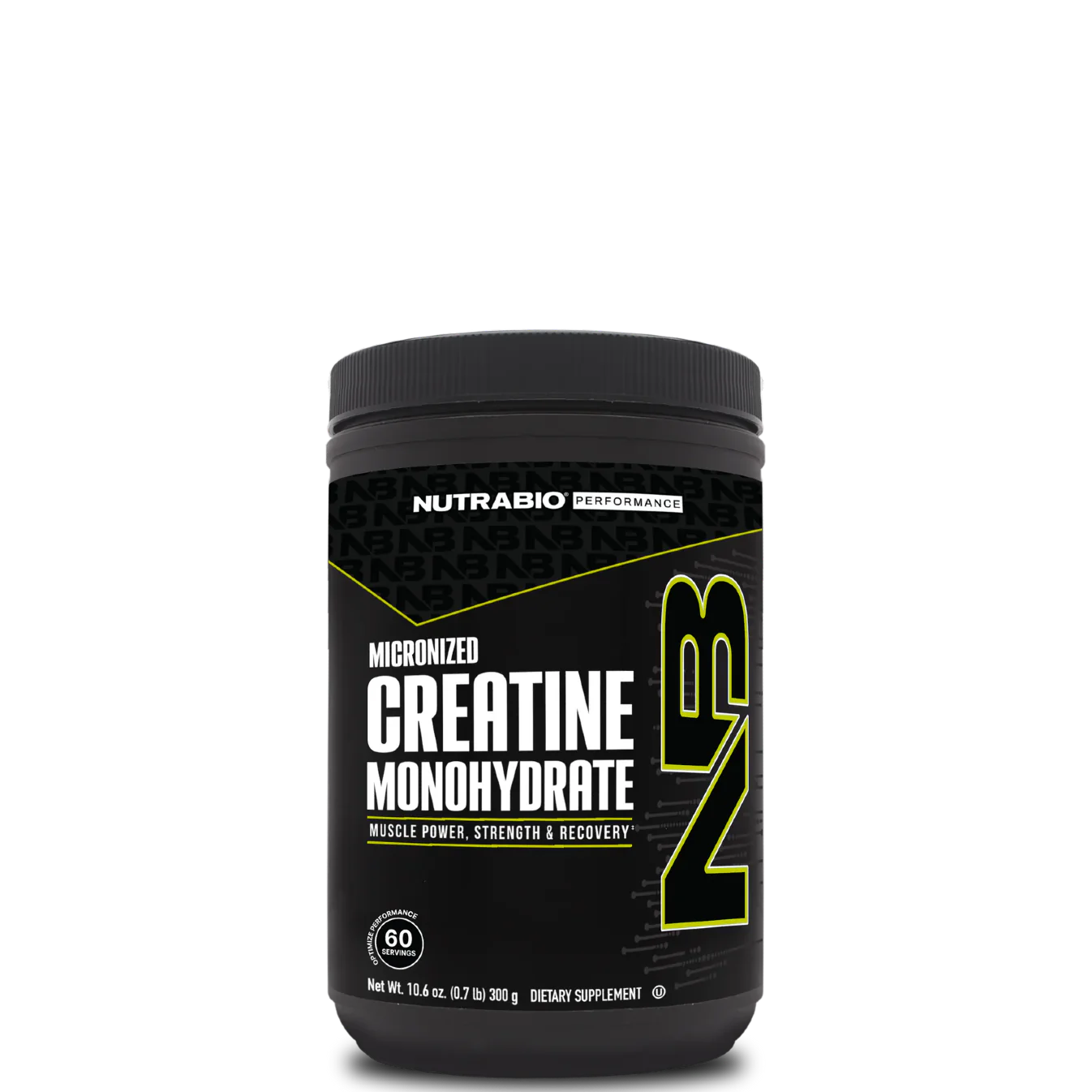 A container of NutraBio Creatine Monohydrate Powder, with a black and yellow label.