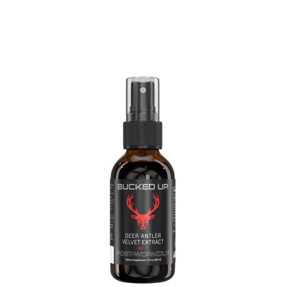 A bottle of Deer Antler Velvet Extract Spray with a spray nozzle, branded 'BUCKED UP' with a red deer logo
