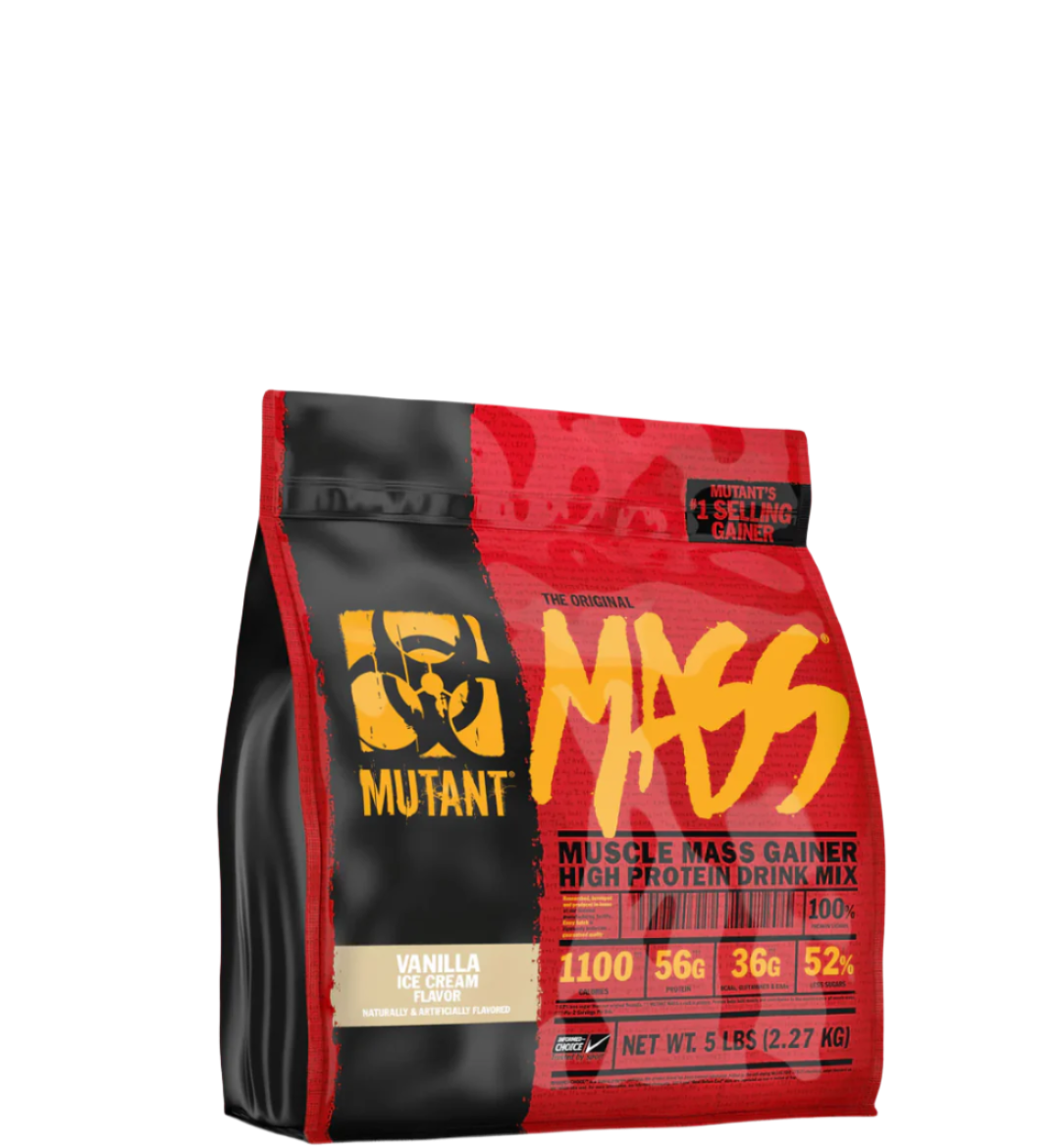 A package of MUTANT MASS 5 LBS Muscle Mass Gainer, predominantly red and black in color with the brand logo and product information displayed.