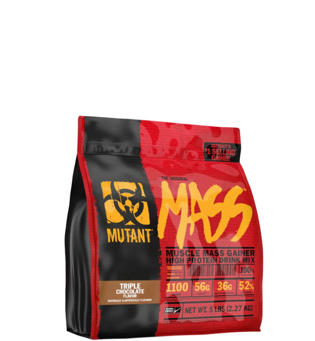 A package of MUTANT MASS 5 LBS Muscle Mass Gainer, predominantly red and black in color with the brand logo and product information displayed.