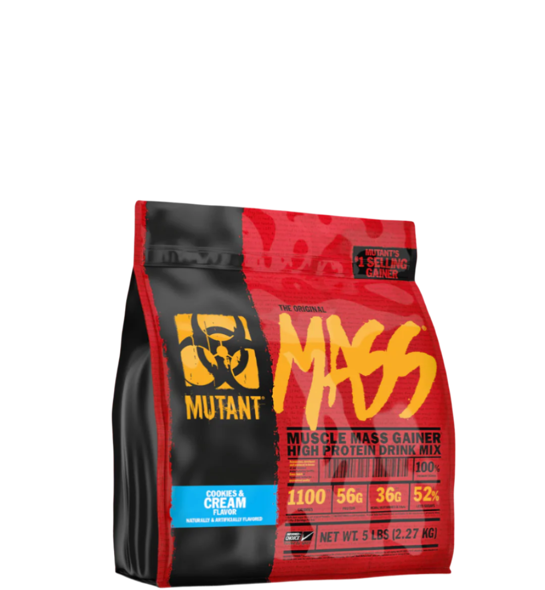 A package of MUTANT MASS 5 LBS Muscle Mass Gainer, predominantly red and black in color with the brand logo and product information displayed.