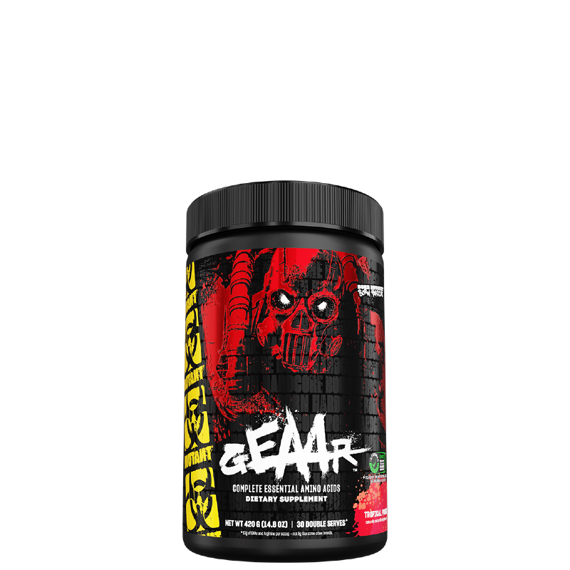 A container of MUTANT GEAAR Complete Essential Amino Acids with a red and black color scheme and a graphic of a skull