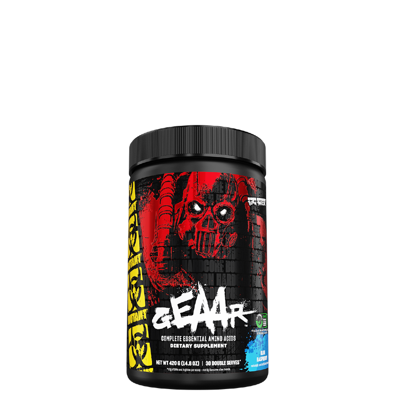 A container of MUTANT GEAAR Complete Essential Amino Acids with a red and black color scheme and a graphic of a skull