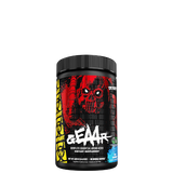 A container of MUTANT GEAAR Complete Essential Amino Acids with a red and black color scheme and a graphic of a skull