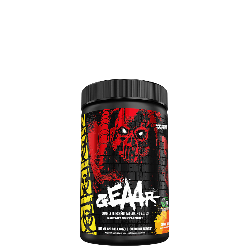 A container of MUTANT GEAAR Complete Essential Amino Acids with a red and black color scheme and a graphic of a skull