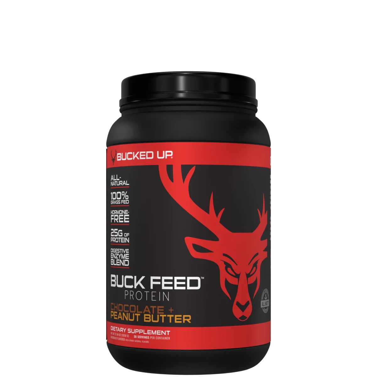 A container of Buck Feed ALL NATURAL Protein powder in chocolate flavor with a red deer logo.