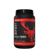 A container of Buck Feed ALL NATURAL Protein powder in chocolate flavor with a red deer logo.