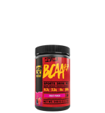 A container of BCAA 9.7 sports drink mix with red and black label featuring the product name and branding.