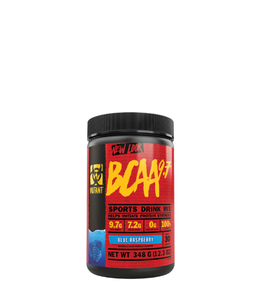 A container of BCAA 9.7 sports drink mix with red and black label featuring the product name and branding.