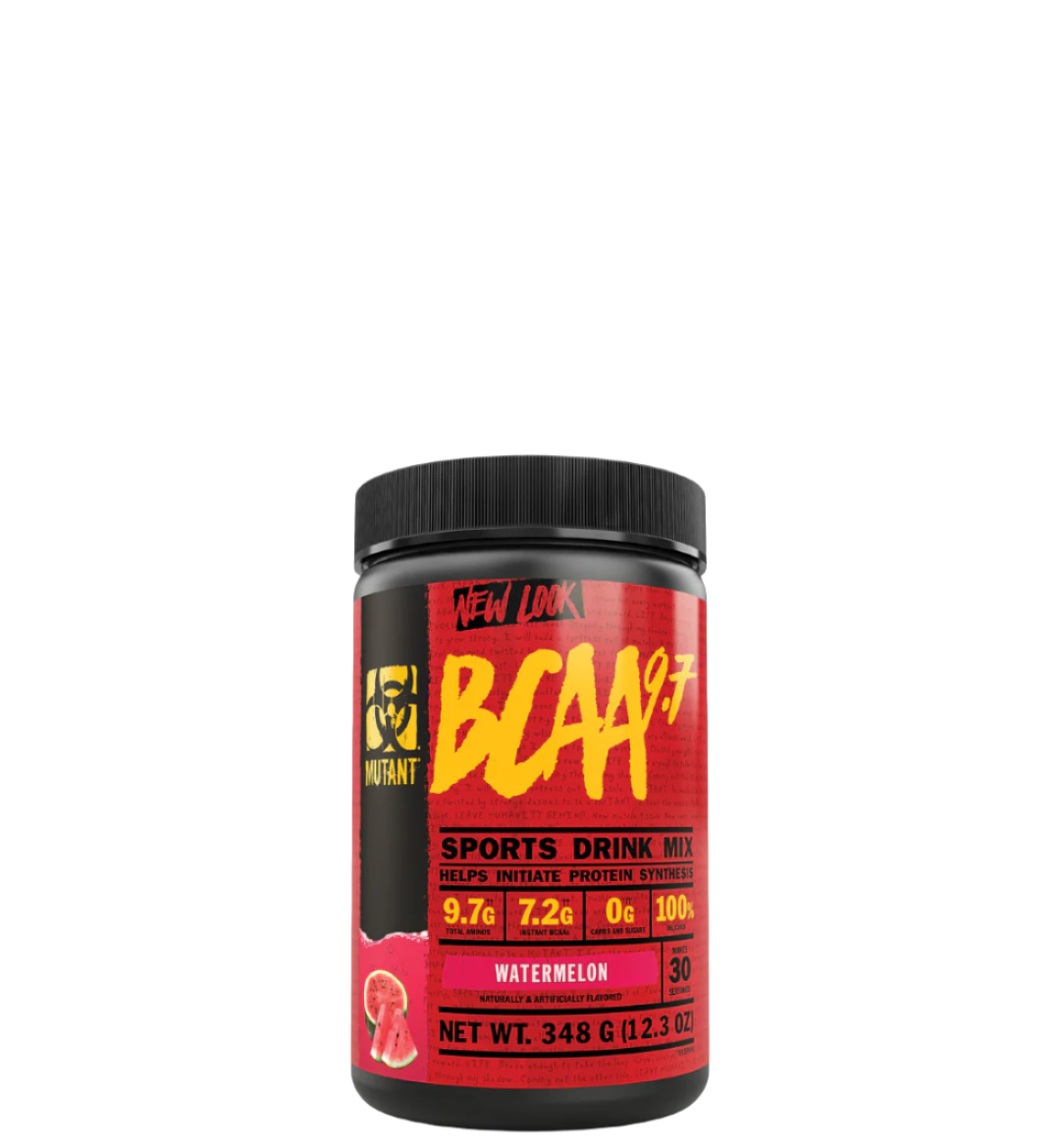 A container of BCAA 9.7 sports drink mix with red and black label featuring the product name and branding.