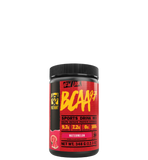 A container of BCAA 9.7 sports drink mix with red and black label featuring the product name and branding.