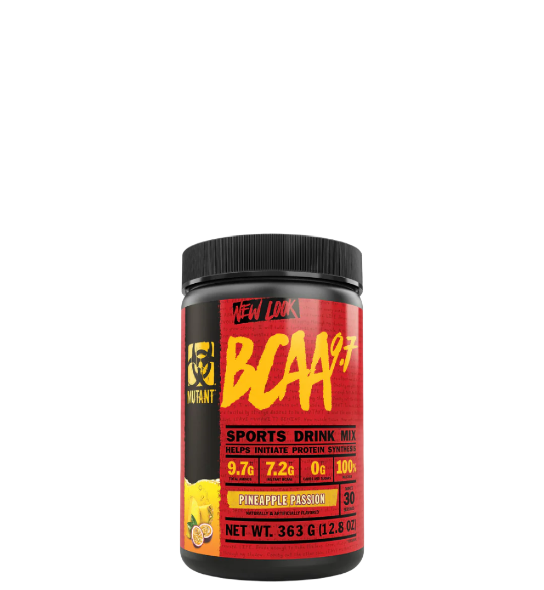 A container of BCAA 9.7 sports drink mix with red and black label featuring the product name and branding.