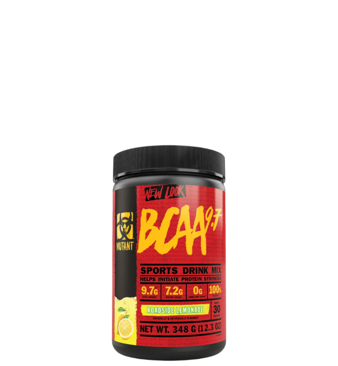 A container of BCAA 9.7 sports drink mix with red and black label featuring the product name and branding.