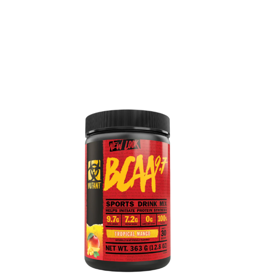 A container of BCAA 9.7 sports drink mix with red and black label featuring the product name and branding.