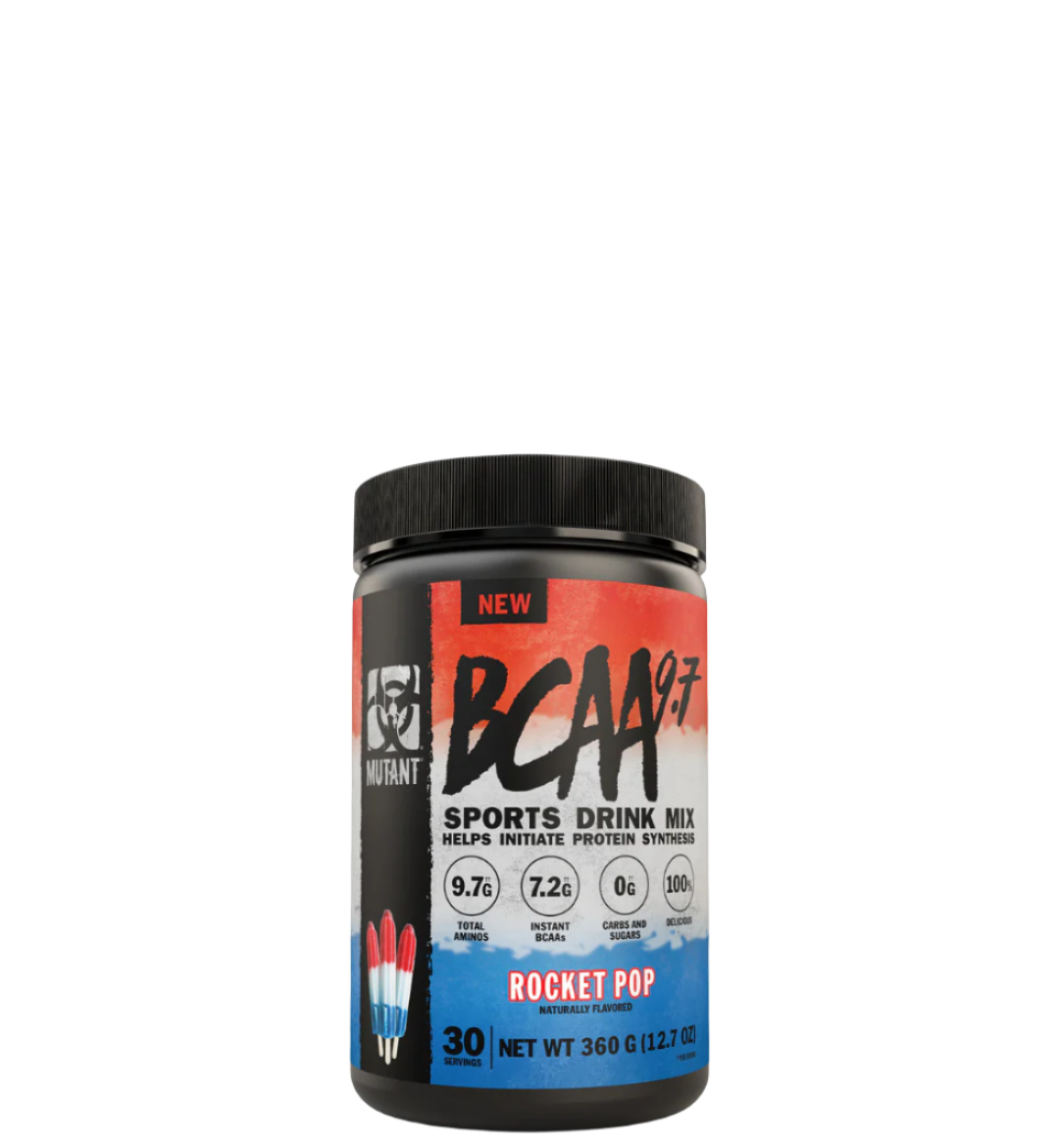 A container of BCAA 9.7 sports drink mix with red and black label featuring the product name and branding.