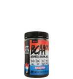 A container of BCAA 9.7 sports drink mix with red and black label featuring the product name and branding.
