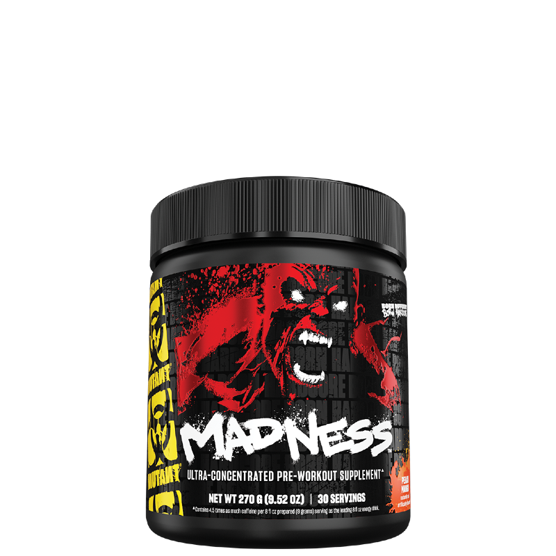 This image features a container of MUTANT® Madness™ Ultra-Concentrated Pre-Workout, designed to enhance workout performance with its potent blend of ingredients. The container is strikingly designed with a bold, graphic artwork of a growling, fanged monster against a dark, gridded background, adding an edgy visual appeal.