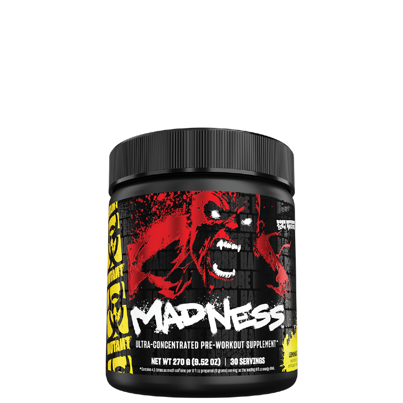 This image features a container of MUTANT® Madness™ Ultra-Concentrated Pre-Workout, designed to enhance workout performance with its potent blend of ingredients. The container is strikingly designed with a bold, graphic artwork of a growling, fanged monster against a dark, gridded background, adding an edgy visual appeal.