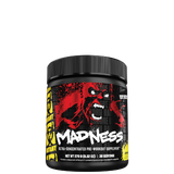 This image features a container of MUTANT® Madness™ Ultra-Concentrated Pre-Workout, designed to enhance workout performance with its potent blend of ingredients. The container is strikingly designed with a bold, graphic artwork of a growling, fanged monster against a dark, gridded background, adding an edgy visual appeal.