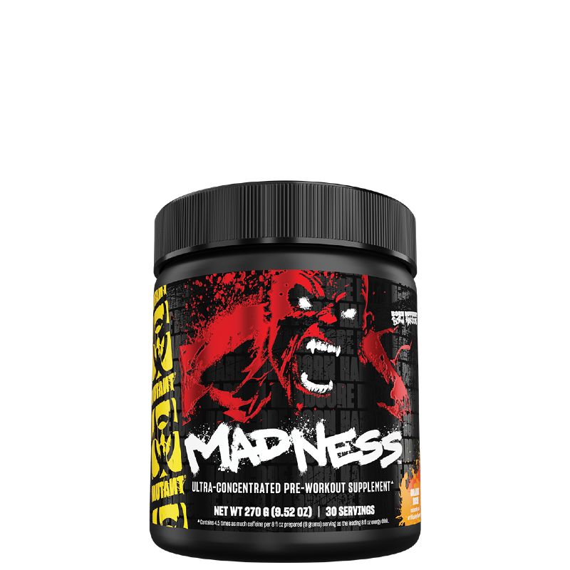 This image features a container of MUTANT® Madness™ Ultra-Concentrated Pre-Workout, designed to enhance workout performance with its potent blend of ingredients. The container is strikingly designed with a bold, graphic artwork of a growling, fanged monster against a dark, gridded background, adding an edgy visual appeal.
