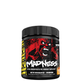 This image features a container of MUTANT® Madness™ Ultra-Concentrated Pre-Workout, designed to enhance workout performance with its potent blend of ingredients. The container is strikingly designed with a bold, graphic artwork of a growling, fanged monster against a dark, gridded background, adding an edgy visual appeal.