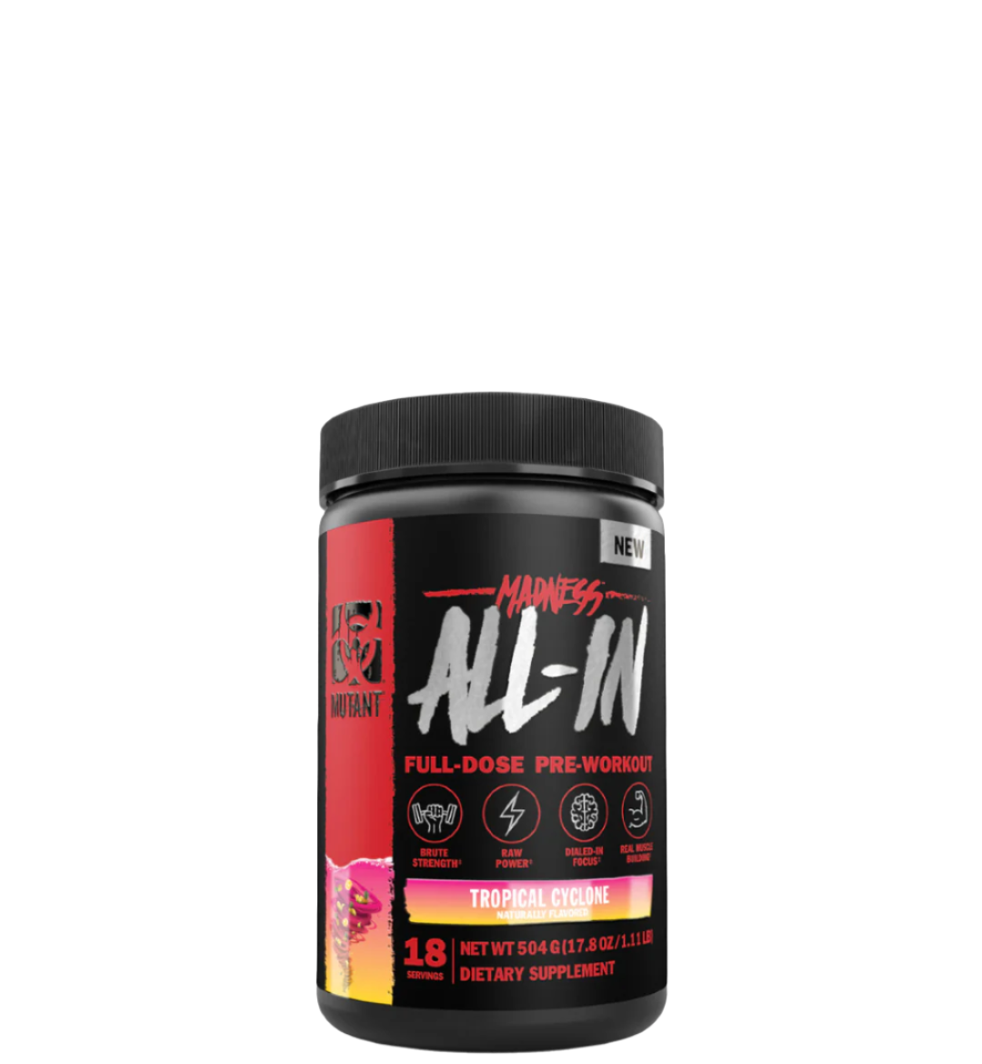 Container of MUTANT MADNESS ALL-IN full-dose pre-workout supplement with various ingredients listed on the label.