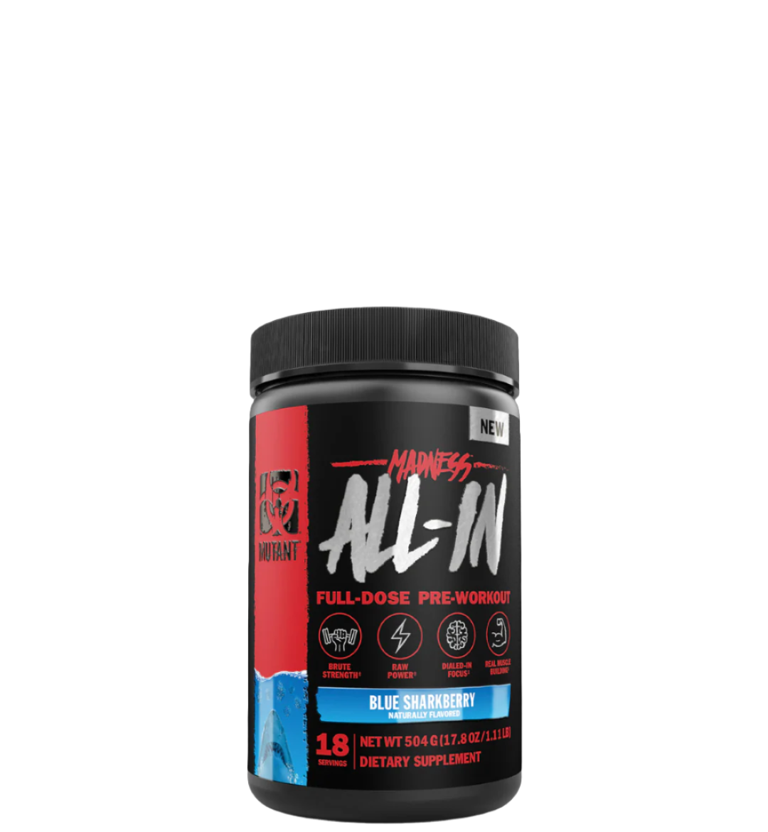 Container of MUTANT MADNESS ALL-IN full-dose pre-workout supplement with various ingredients listed on the label.