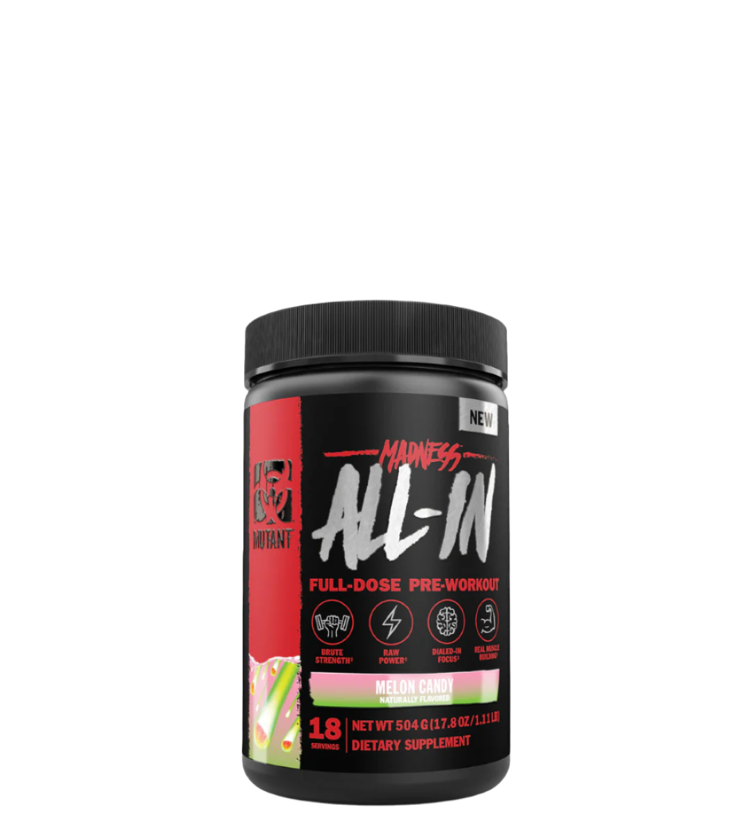 Container of MUTANT MADNESS ALL-IN full-dose pre-workout supplement with various ingredients listed on the label.