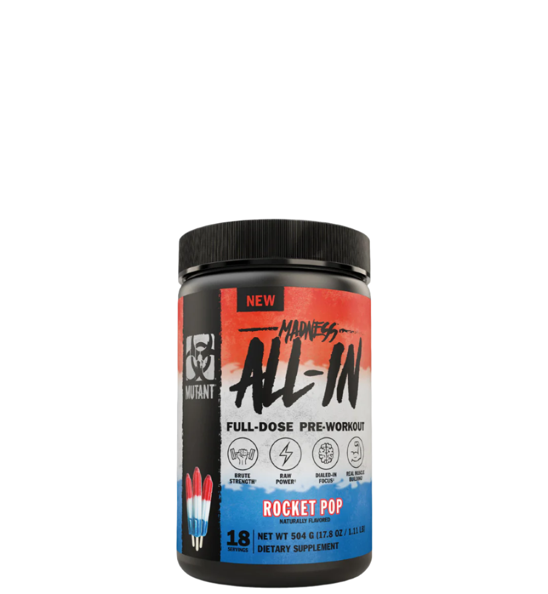 Container of MUTANT MADNESS ALL-IN full-dose pre-workout supplement with various ingredients listed on the label.