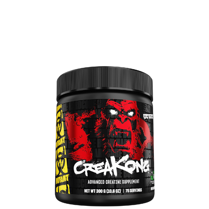 A container of MUTANT CREAKONG Advanced Creatine Blend with a red and black design and a graphic of a character on the front.