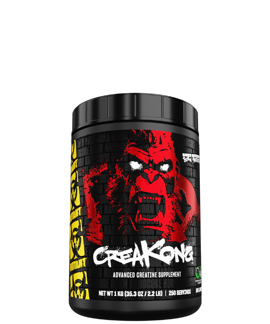 A container of MUTANT CREAKONG Advanced Creatine Blend with a red and black design and a graphic of a character on the front.