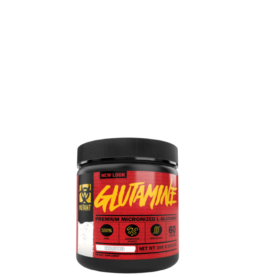 A container of GLUTAMINE Premium Micronized L-Glutamine with red and black label featuring product information.