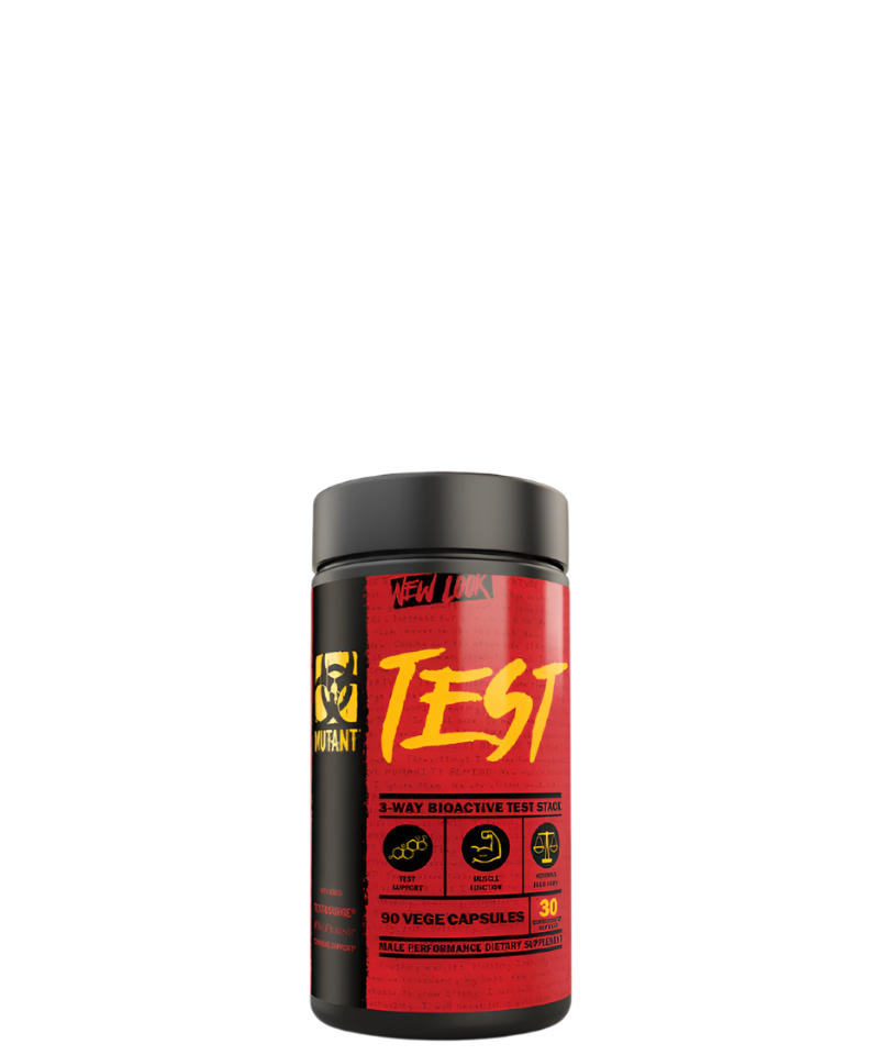 A container of 'TEST - 3-Way Bioactive Test Stack' supplement with a predominantly black and red label, featuring the product name in white text and icons indicating the bioactive nature of the stack.