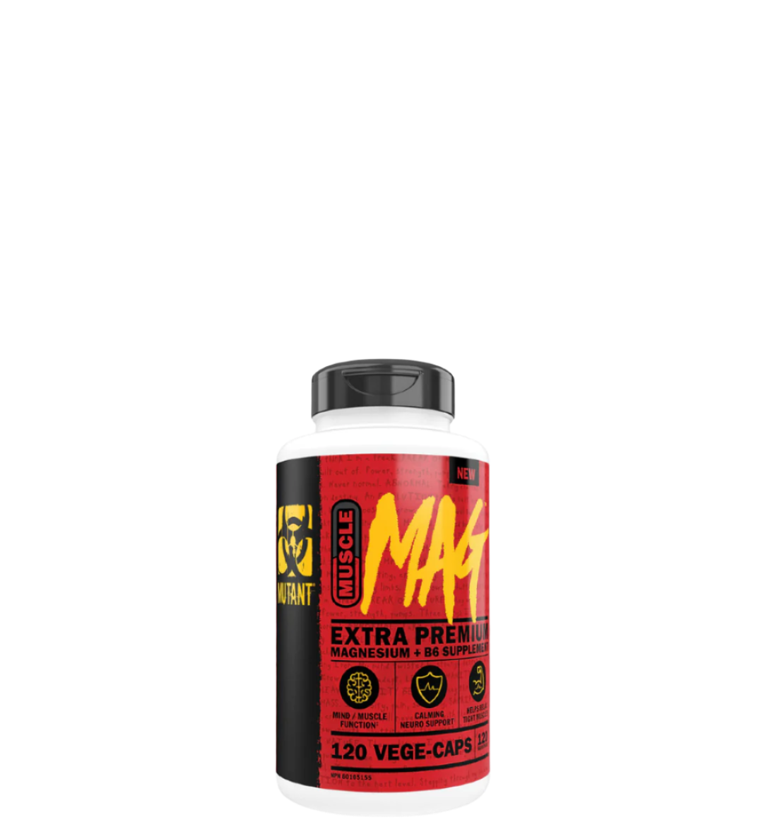 A bottle of MUSCLE MAG Extra Premium Magnesium supplement with red and black label featuring yellow text and graphics.