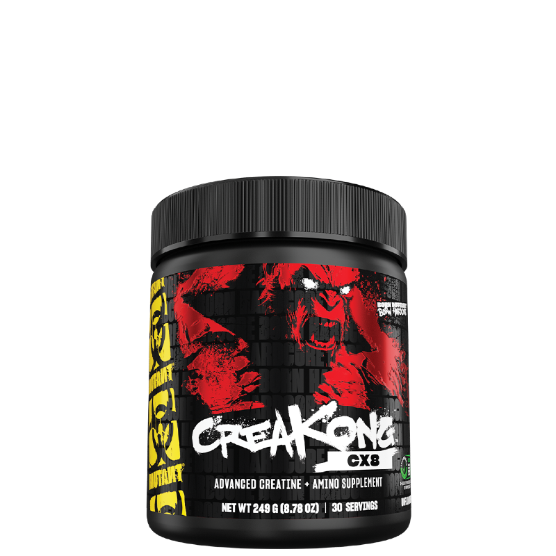 A container of MUTANT CREAKONG CX8 Supercharged Creatine Blend with a predominantly black design featuring red and yellow text and graphics.