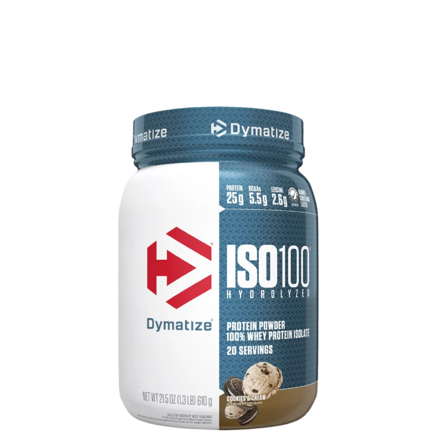A container of Dymatize ISO100 Hydrolyzed 100% Whey Protein Isolate, featuring cartoon characters and product information on the label.