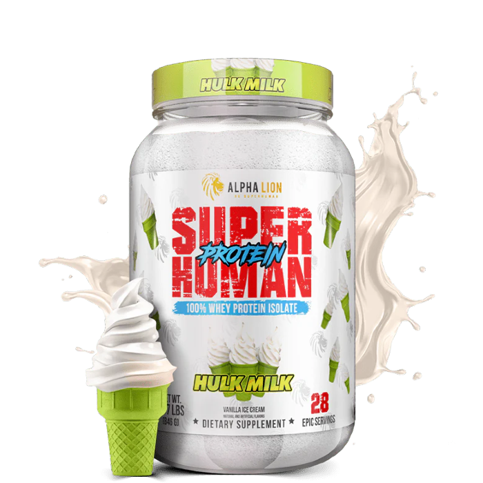 A container of Superhuman Protein powder with various flavors represented visually, such as cookies and cream and caramel, alongside graphical elements like a splash of milk and nuts.