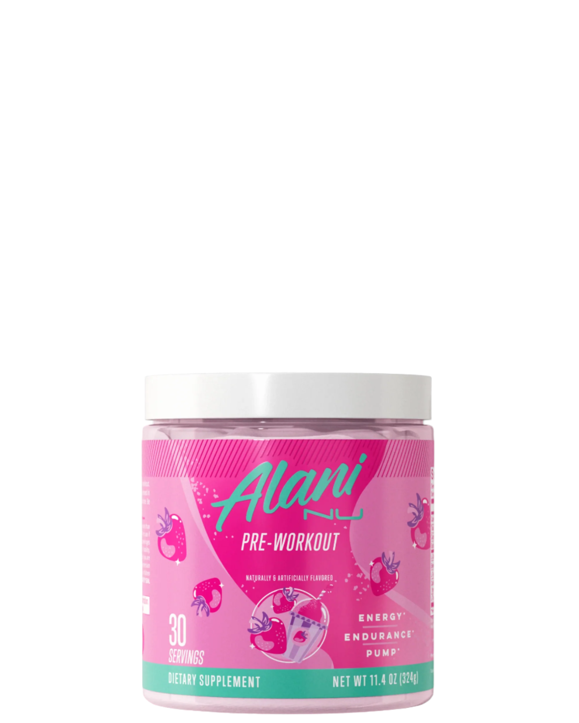 A container of Alani Nu Pre-Workout Powder in Galaxy Lemonade flavor, with pink and purple label design featuring lemonade graphics.
