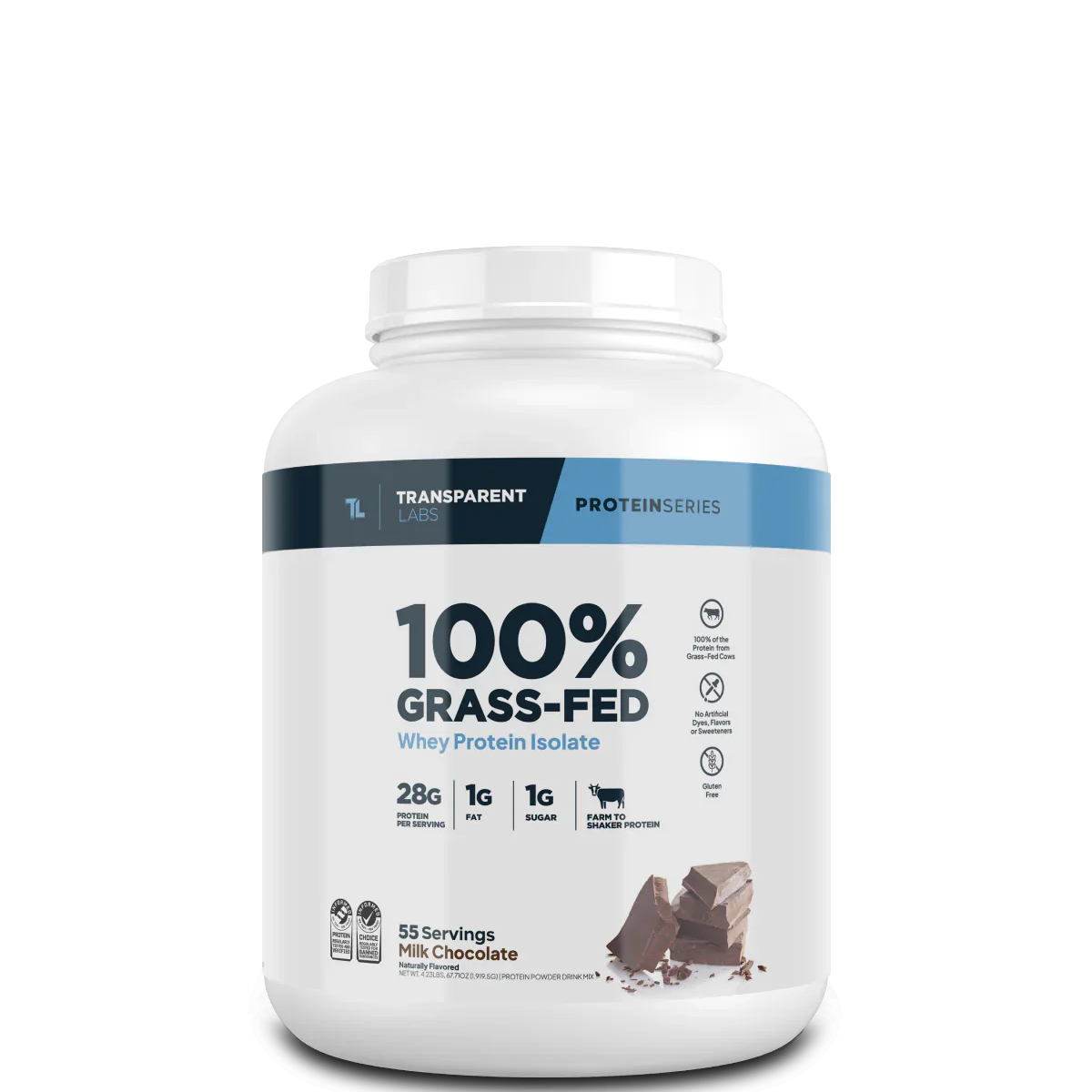 Transparent Labs 100% Grass-Fed protein powder container on a white background