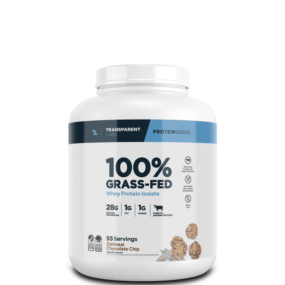 Transparent Labs 100% Grass-Fed protein powder container on a white background