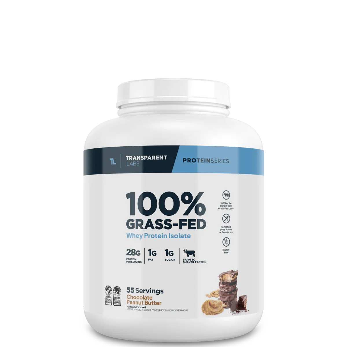 Transparent Labs 100% Grass-Fed protein powder container on a white background