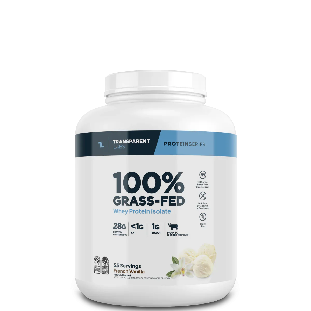 Transparent Labs 100% Grass-Fed protein powder container on a white background