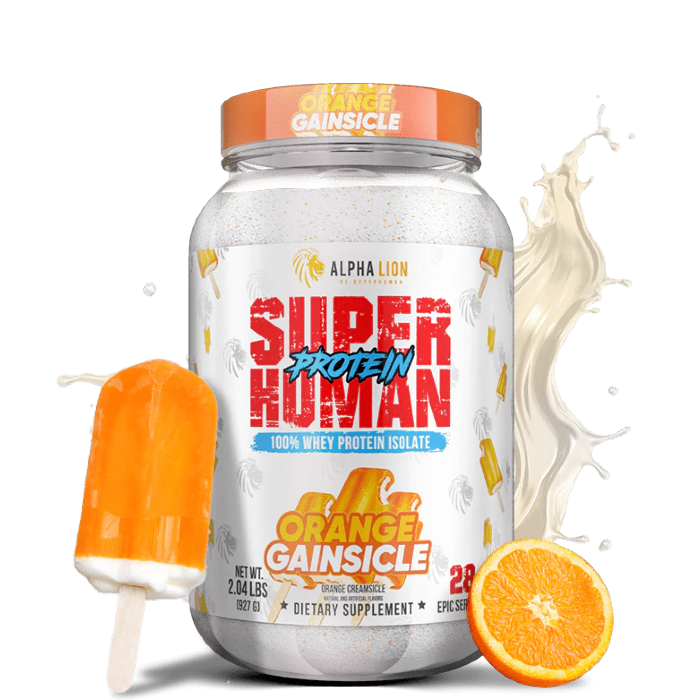 A container of Superhuman Protein powder with various flavors represented visually, such as cookies and cream and caramel, alongside graphical elements like a splash of milk and nuts.
